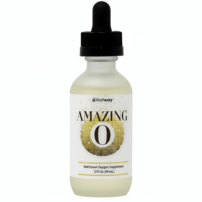 white dropper bottle with black dropper top, Wetway AMAZING O with yellow/brown squares like drops, Nutritional Oxygen Supplement 2 Fl Oz (59 mL)
