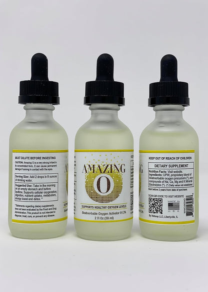 Three bottles of 'Amazing O' dietary supplement with droppers on a white background
