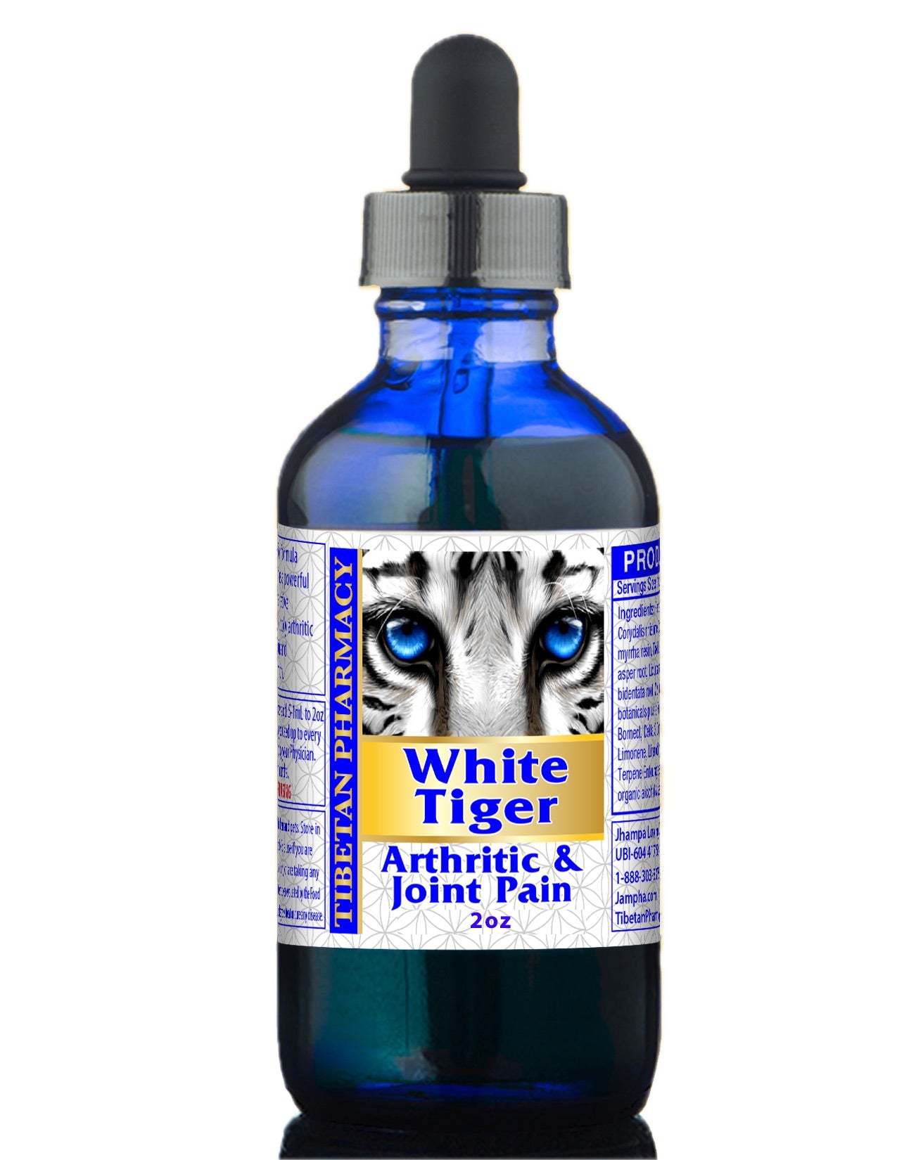 White Tiger Vitality and Physical Stamina Tonic for Energy Support in a blue dropper bottle.