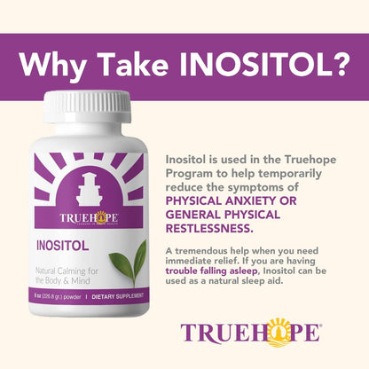 Truehope Inositol supplement bottle with promotional text on a white background
