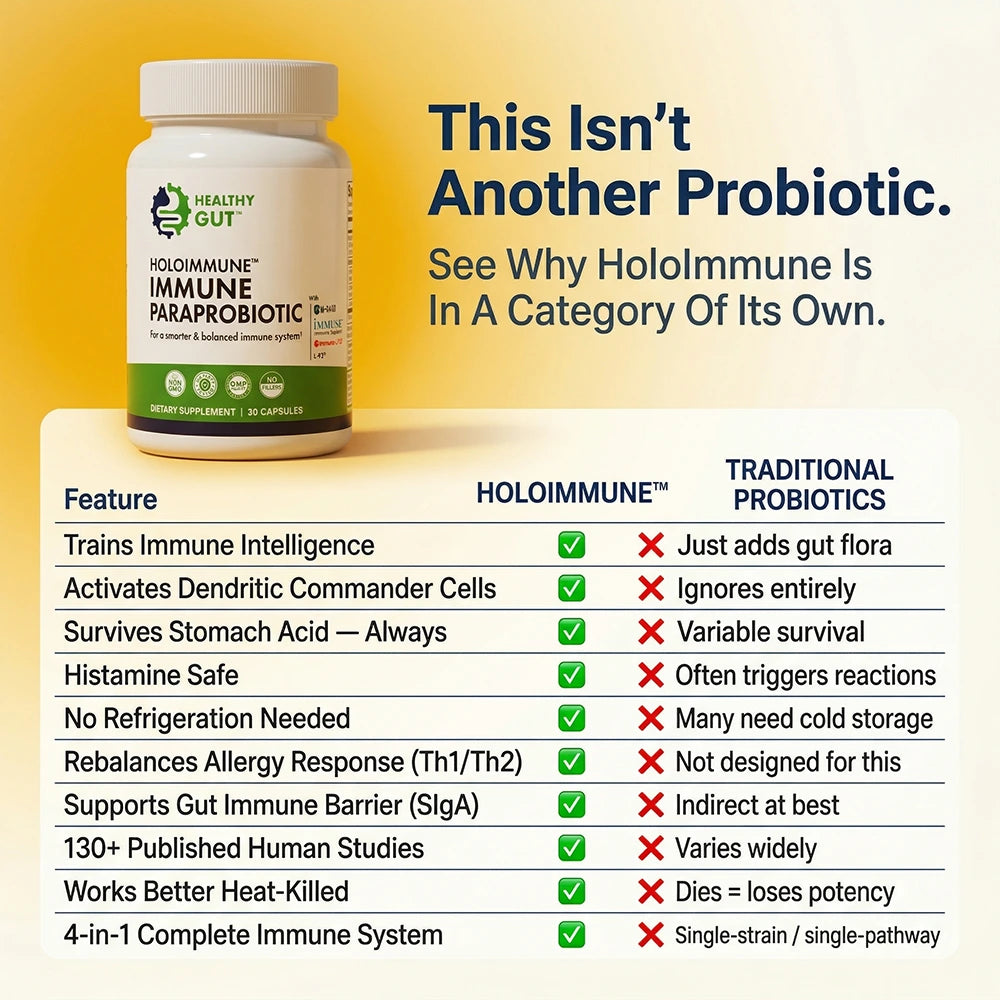 HoloImmune - Adaptogenic ParaProbiotic features and benefits infographic for a balanced immune system.