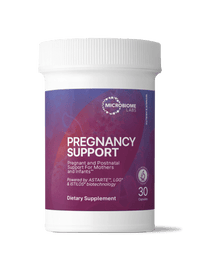 Pregnancy Support probiotic for maternal microbiome in a bottle from Microbiome Labs with 30 capsules.