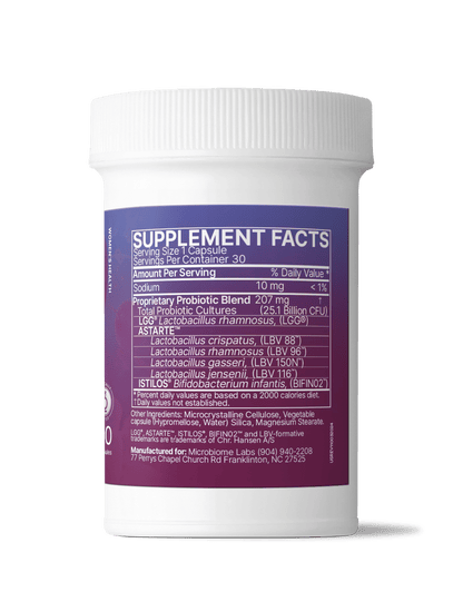 Pregnancy Support probiotic for maternal microbiome supplement container with serving facts highlighted.