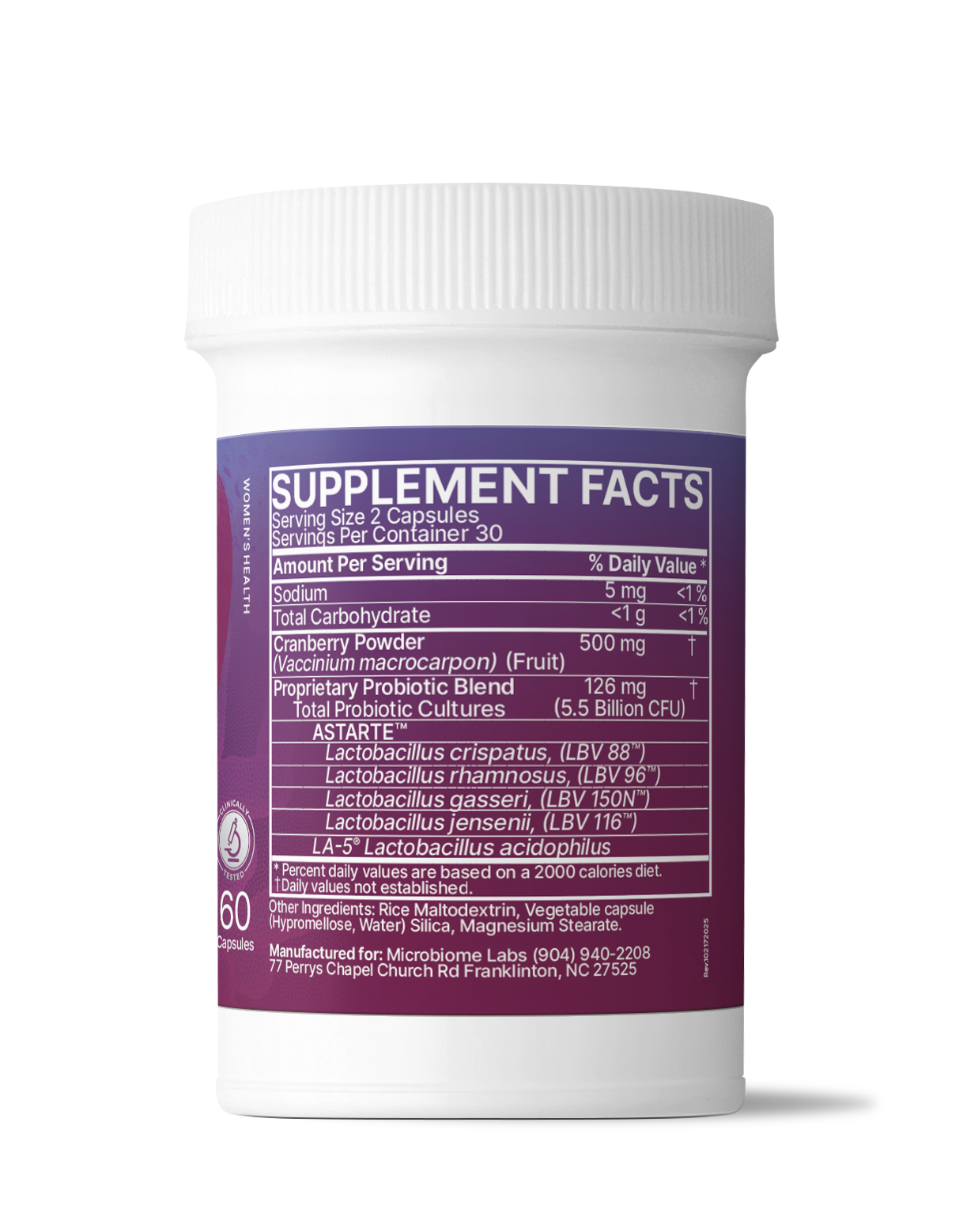 Supplement facts label for Vaginal Balance, Support for Healthy Vaginal pH Balance, featuring probiotic ingredients.