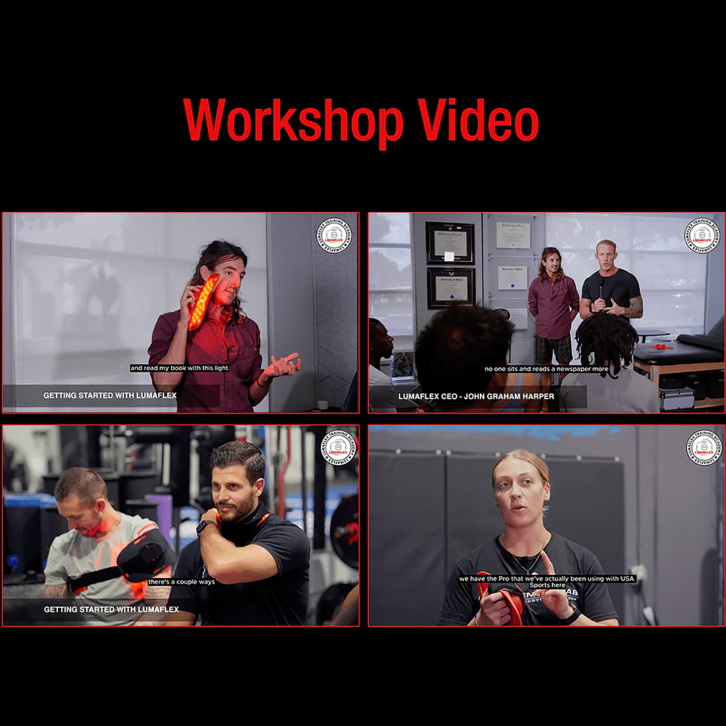 Collage of four video clips from a workshop video with people demonstrating Lumaflex products.