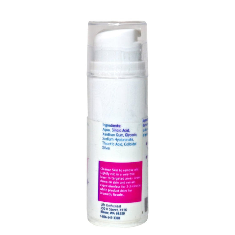 Skincare cream bottle with white cap and labeled ingredients on a white background