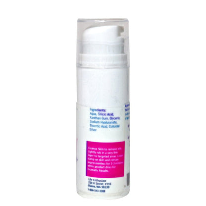 Skincare cream bottle with white cap and labeled ingredients on a white background