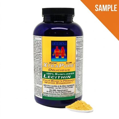 XtraPure Lecithin Non GMO Phosphatidylcholine from Organic Sunflower Lecithin in a jar with powder on the side.