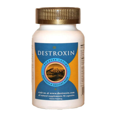 Supplement bottle labeled 'Destroxin' with a mountain graphic on a white background