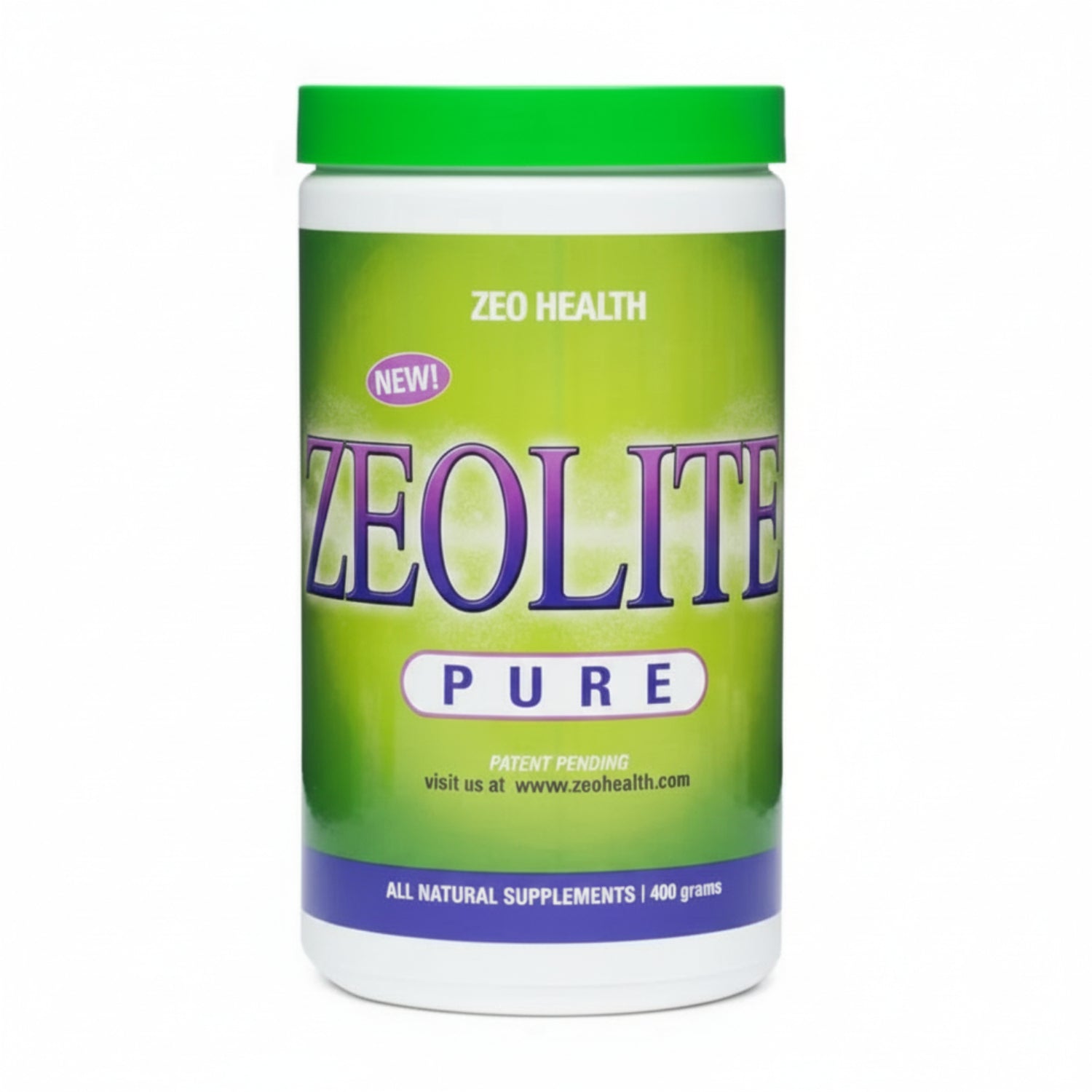 Zeolite supplement container with green and purple label on a white background
