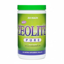 Zeolite supplement container with green and purple label on a white background