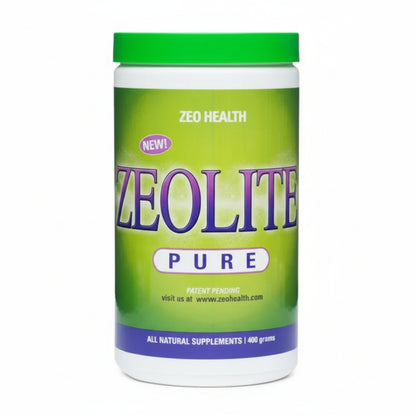 Zeolite supplement container with green and purple label on a white background