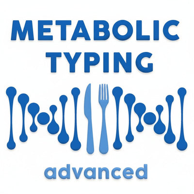blue text on white saying "Metabolic Typing Advanced" with knife and fork