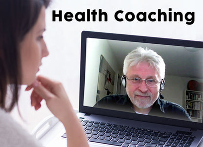 Person using a laptop for health coaching with a text overlay