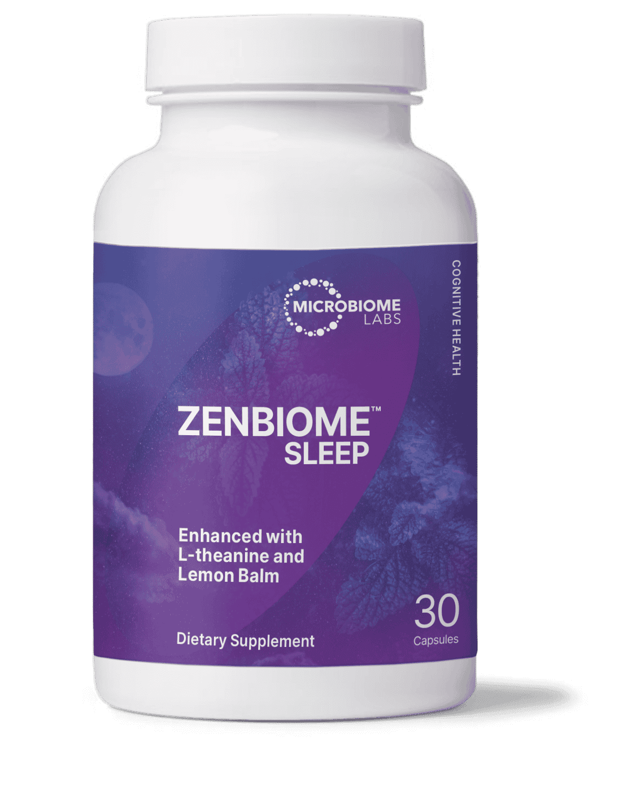ZenBiome Sleep dietary supplement bottle, psychobiotic for nighttime relaxation, 30 capsules.