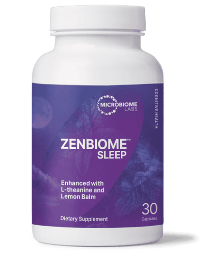 ZenBiome Sleep dietary supplement bottle, psychobiotic for nighttime relaxation, 30 capsules.