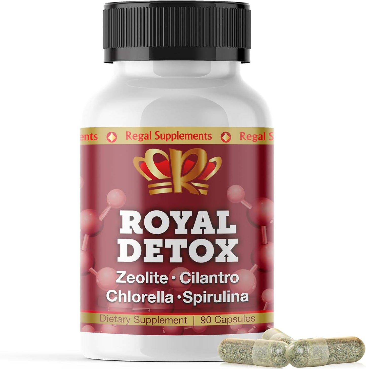 Supplement bottle labeled 'Royal Detox' with a red label and black cap on a white background.