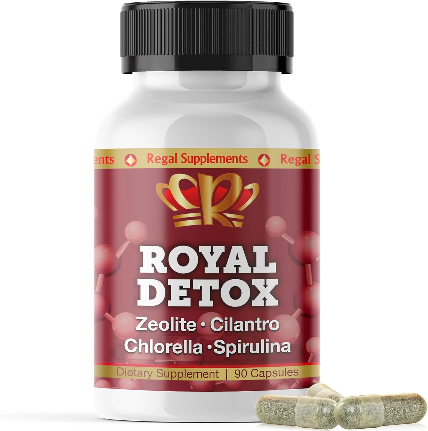 Supplement bottle labeled 'Royal Detox' with a red label and black cap on a white background.