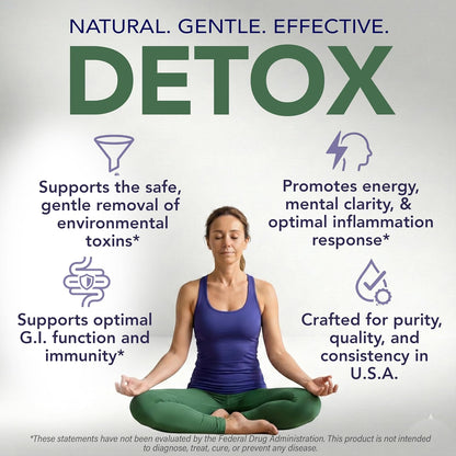 Zeolite Pure detox product featuring a woman meditating, with text highlighting benefits and purity crafted in the USA.