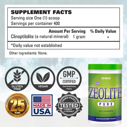 Supplement facts for Zeolite Pure, including serving size, ingredients, and certification logos.