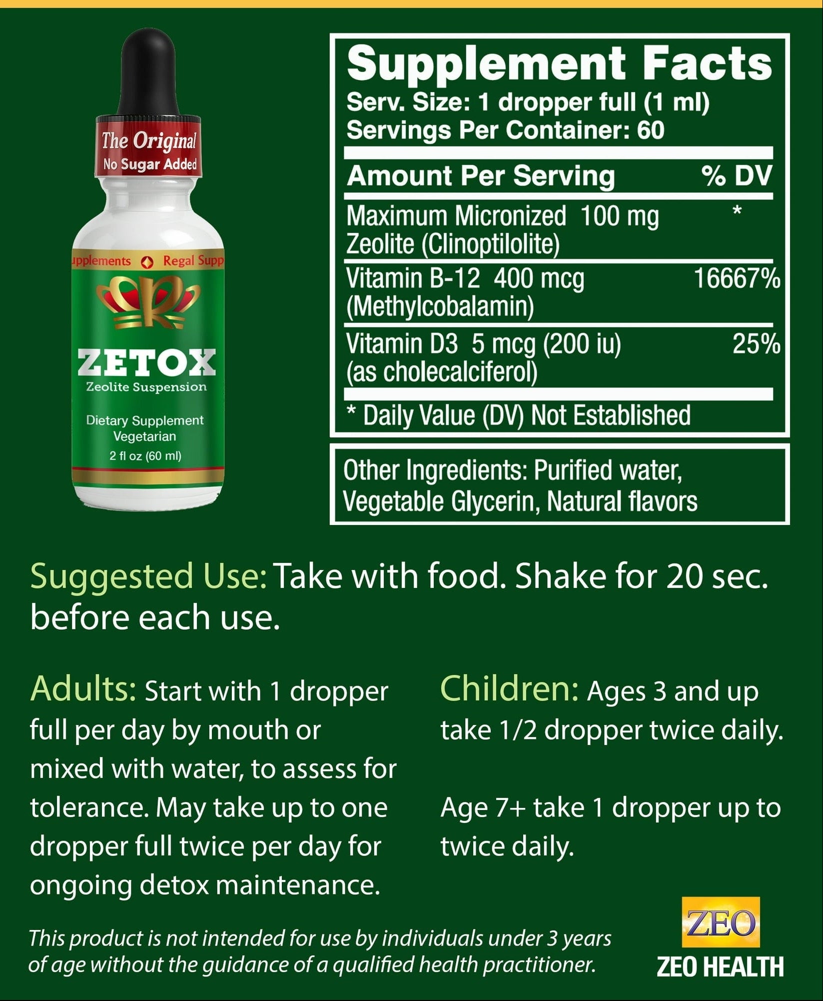 ZEOTX supplement bottle with dropper and supplement facts label on a green background