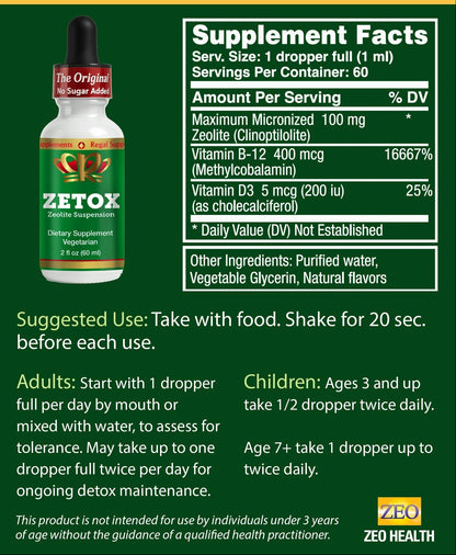 ZEOTX supplement bottle with dropper and supplement facts label on a green background