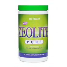 Zeolite supplement container with green and purple label on a white background
