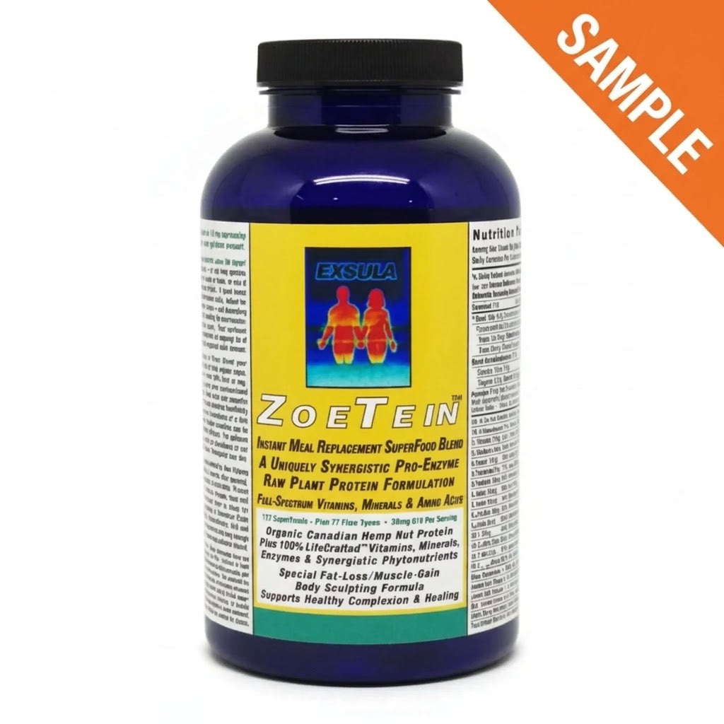 ZoeTein - Natural Satiety Signaling Supplement in blue container, powder for meal replacement and healthy nutrition.