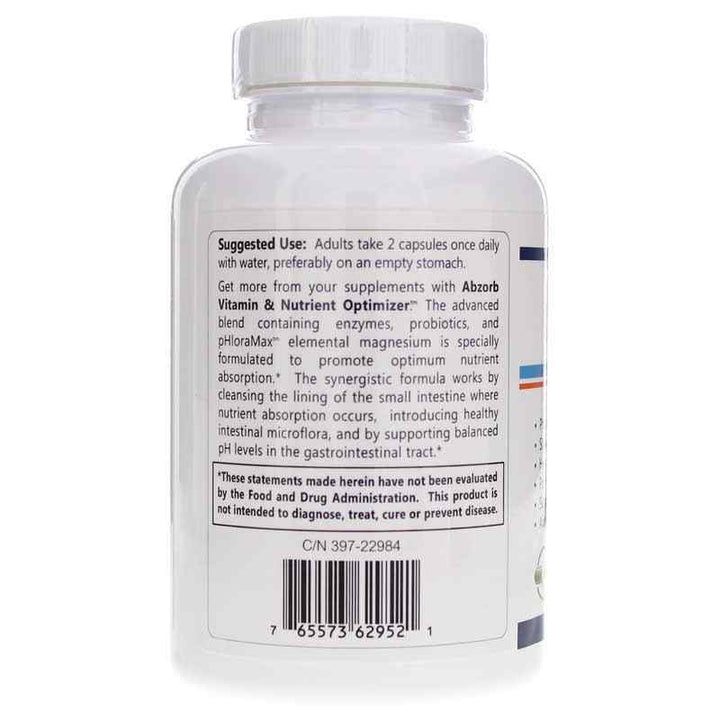 Back label of Abzorb supplement showing instructions and ingredient details to enhance nutrient absorption.
