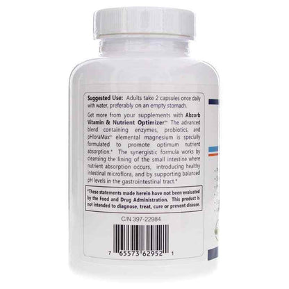 Back label of Abzorb supplement showing instructions and ingredient details to enhance nutrient absorption.