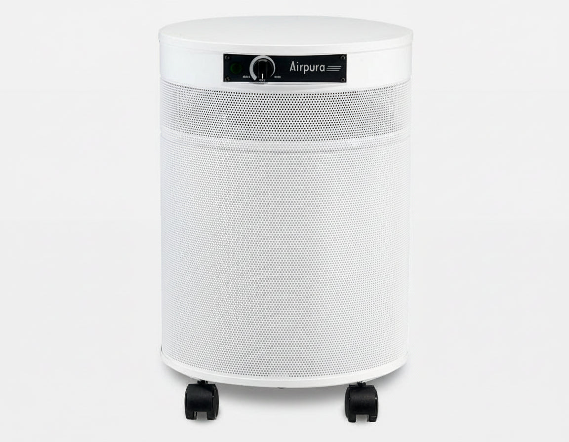 white air purifier shaped like a cylinder with black wheels, Airpura UV600 Air Purifier on white background