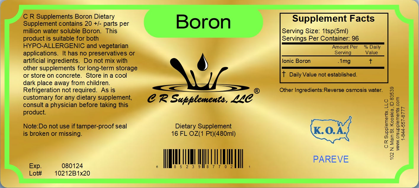Boron liquid ionic mineral supplement label with nutritional information and dietary details.
