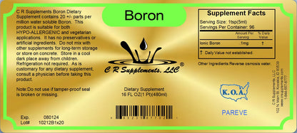 Boron liquid ionic mineral supplement label with nutritional information and dietary details.