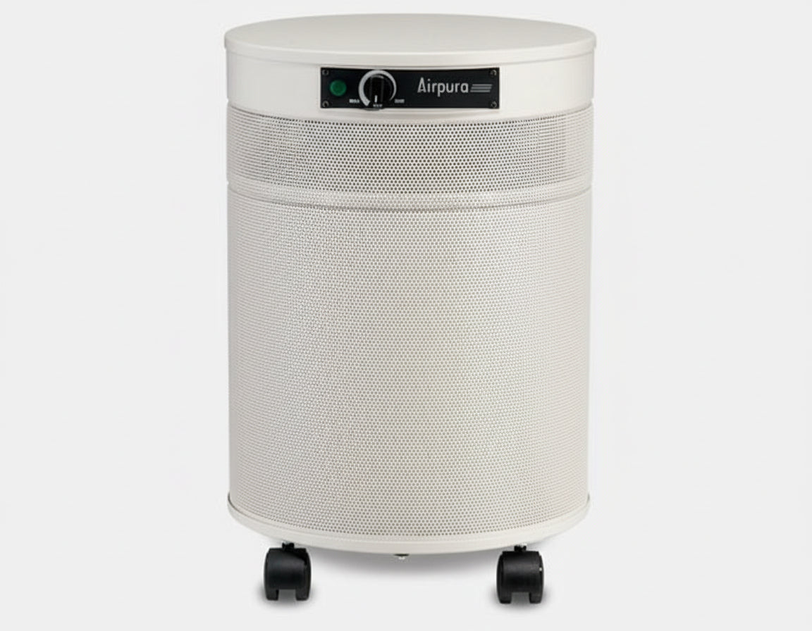 white air purifier shaped like a cylinder with black wheels, Airpura UV600 Air Purifier on white background