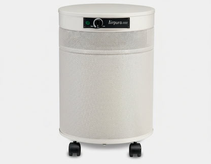 white air purifier shaped like a cylinder with black wheels, Airpura UV600 Air Purifier on white background