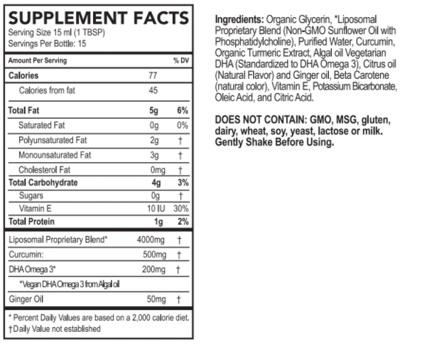 Supplement facts for Micelle Liposomal Turmeric showing ingredients and nutrient information.