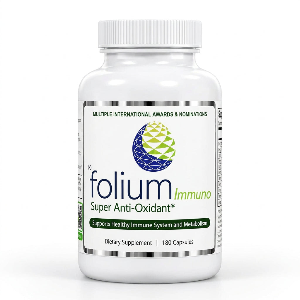Folium Immuno Heavy Metal Detox Supplement bottle, supports healthy immune system and metabolism.