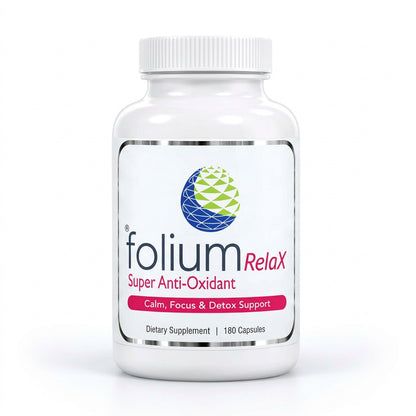 RelaX Super Antioxidant dietary supplement bottle for stress relief supplement, promoting calm and focus with 180 capsules.