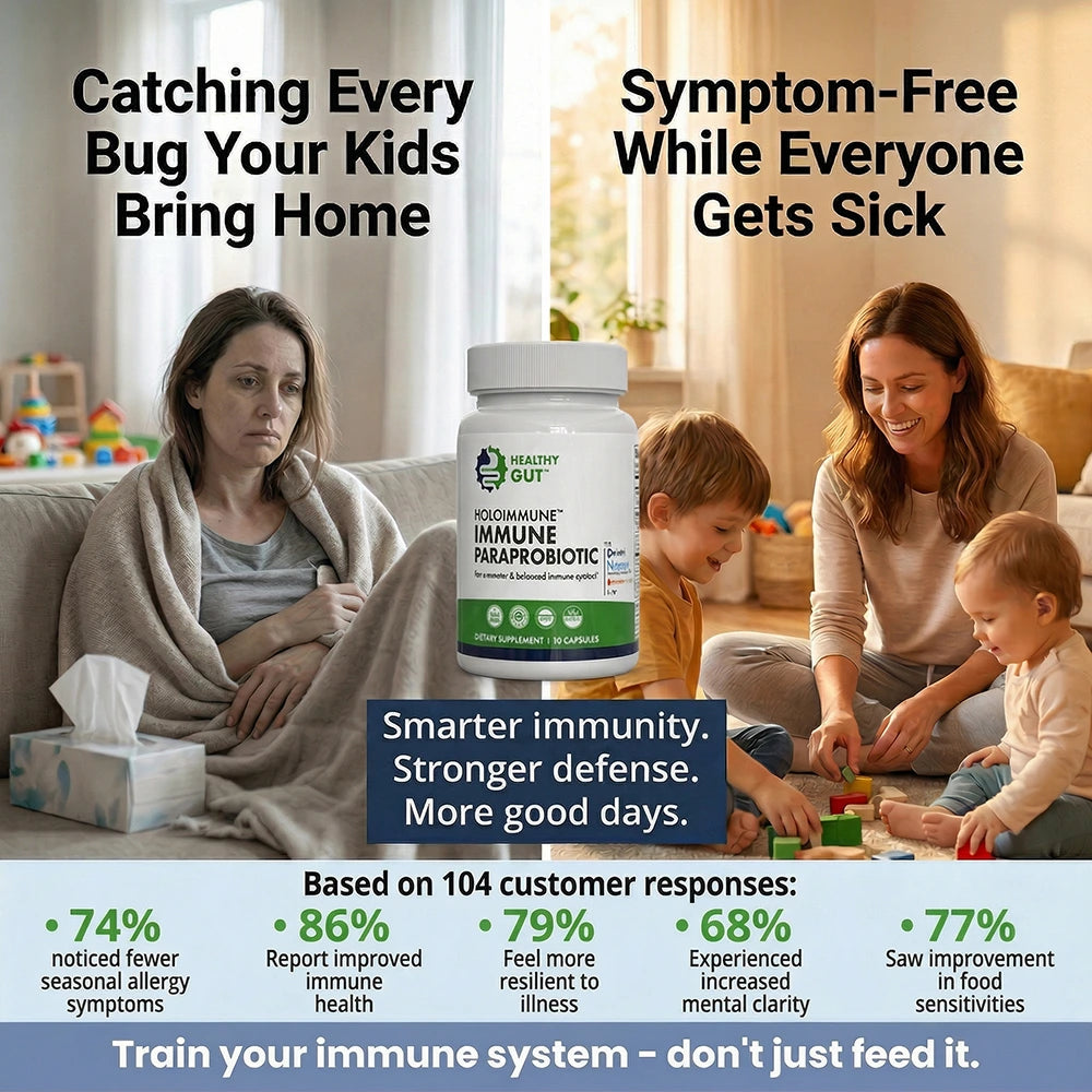 HoloImmune Adaptogenic ParaProbiotic image showing benefits for immune health and family wellness.
