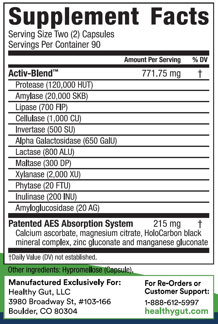 Supplement facts for HoloZyme digestive enzymes, highlighting Activ-Blend ingredients for optimal digestion.