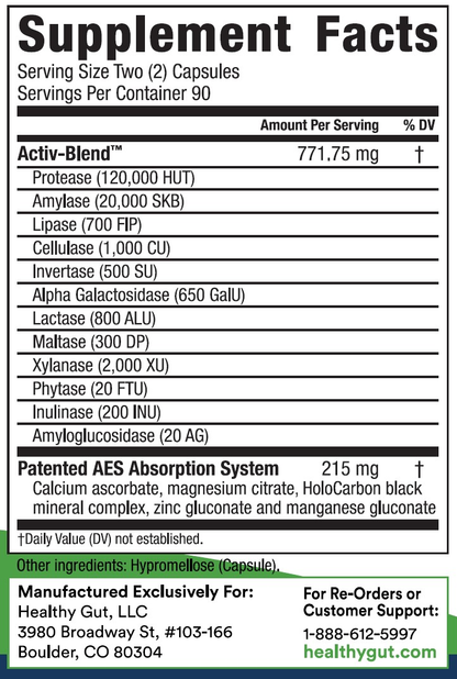 Supplement facts for HoloZyme digestive enzymes, highlighting Activ-Blend ingredients for optimal digestion.