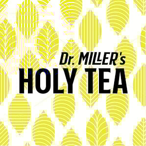 Dr. Miller's Holy Tea featuring a vibrant leaf pattern, promoting Natural Colon and Liver Detox.