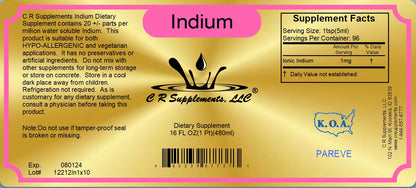 Indium dietary supplement label by C R Supplements featuring ionic liquid mineral for hormonal balance and vitality.