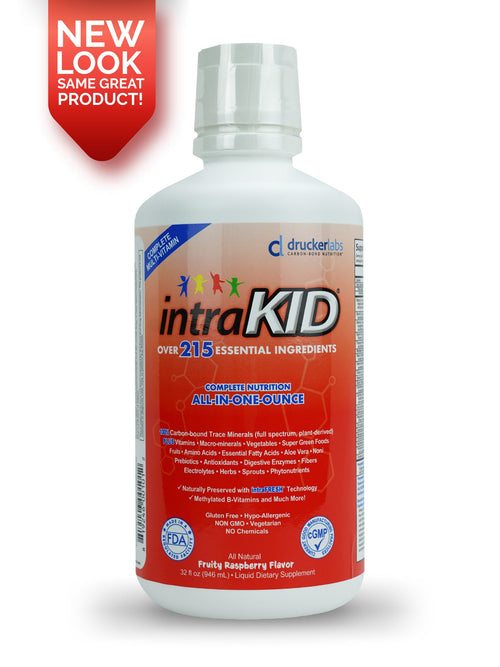 intraKID Liquid Vitamin for Kids - Nutritional supplement with 215 ingredients in tasty raspberry flavor.