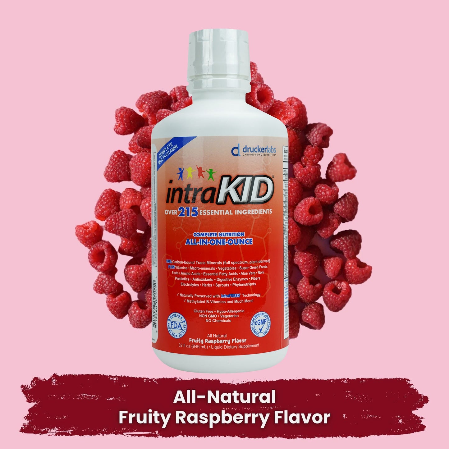 intraKID supplement bottle with raspberries on a pink background