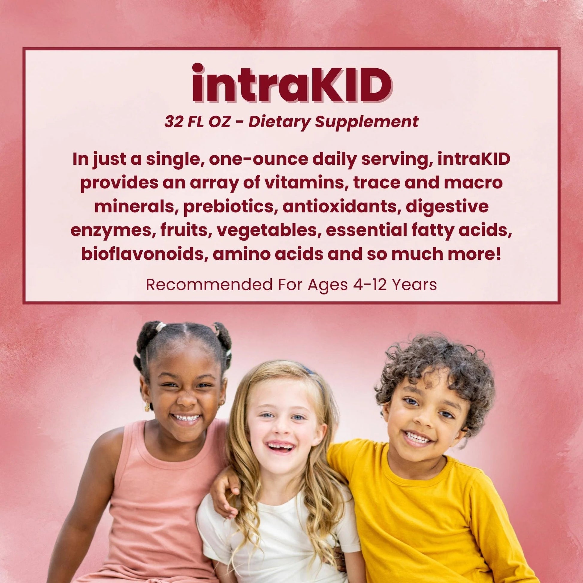 intraKID - Liquid Vitamin for Kids in a colorful image, showcasing children enjoying the dietary supplement for ages 4-12.