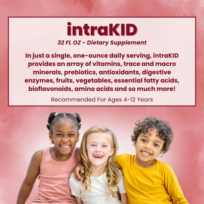 intraKID - Liquid Vitamin for Kids in a colorful image, showcasing children enjoying the dietary supplement for ages 4-12.