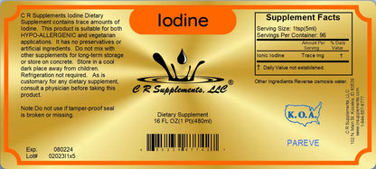 Iodine dietary supplement label by CR Supplements, featuring supplement facts and usage instructions.