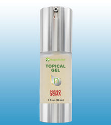 Topical gel bottle labeled 'Nano Soma' on a blue background