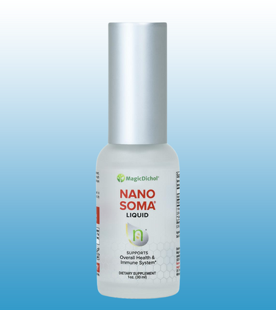 Bottle of Nano Soma Liquid supplement on a blue background